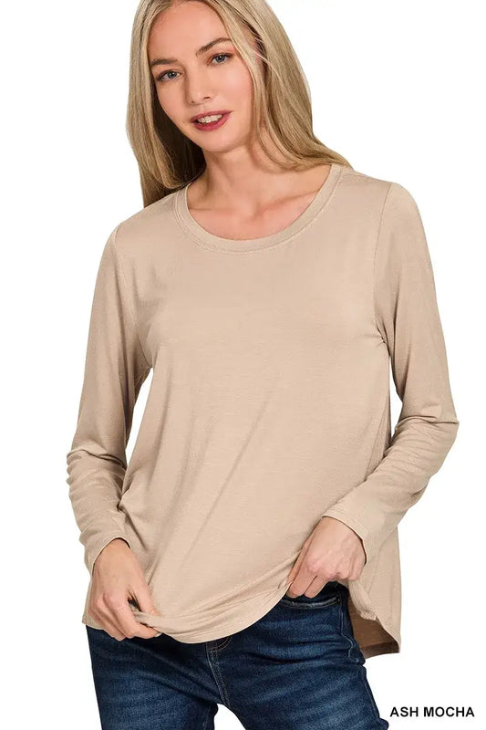 Zenana Flowy Round Hem Rayon Long Sleeve Top - ASH MOCHA / S