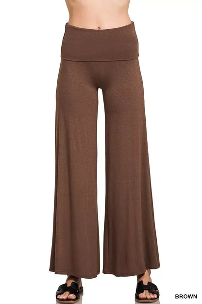 Zenana Fold Over Waist Comfy Wide Leg Pants - BROWN / S