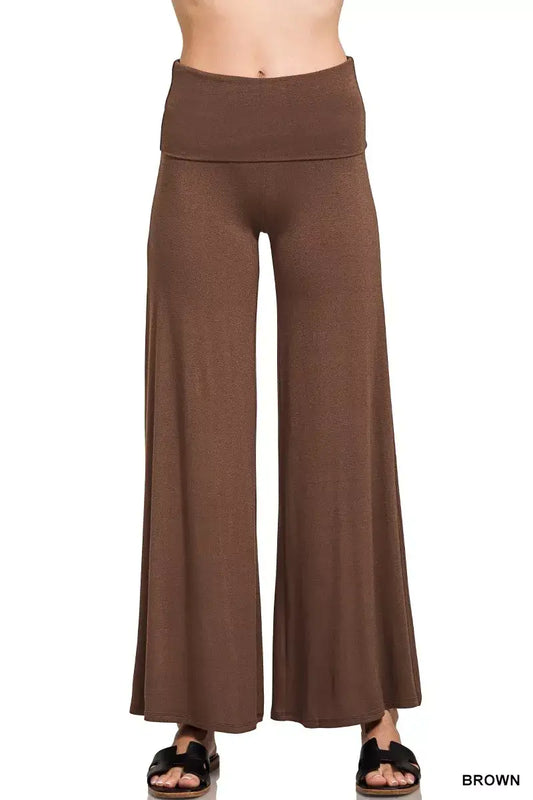 Zenana Fold Over Waist Comfy Wide Leg Pants - BROWN / S