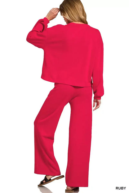 Zenana French Rib Pullover and Pants Set - Rib Pullover and Pants Set