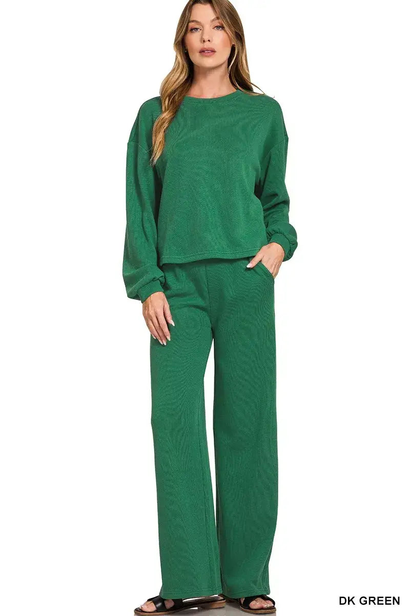 Zenana French Rib Pullover and Pants Set - DK GREEN / S - Rib Pullover and Pants Set
