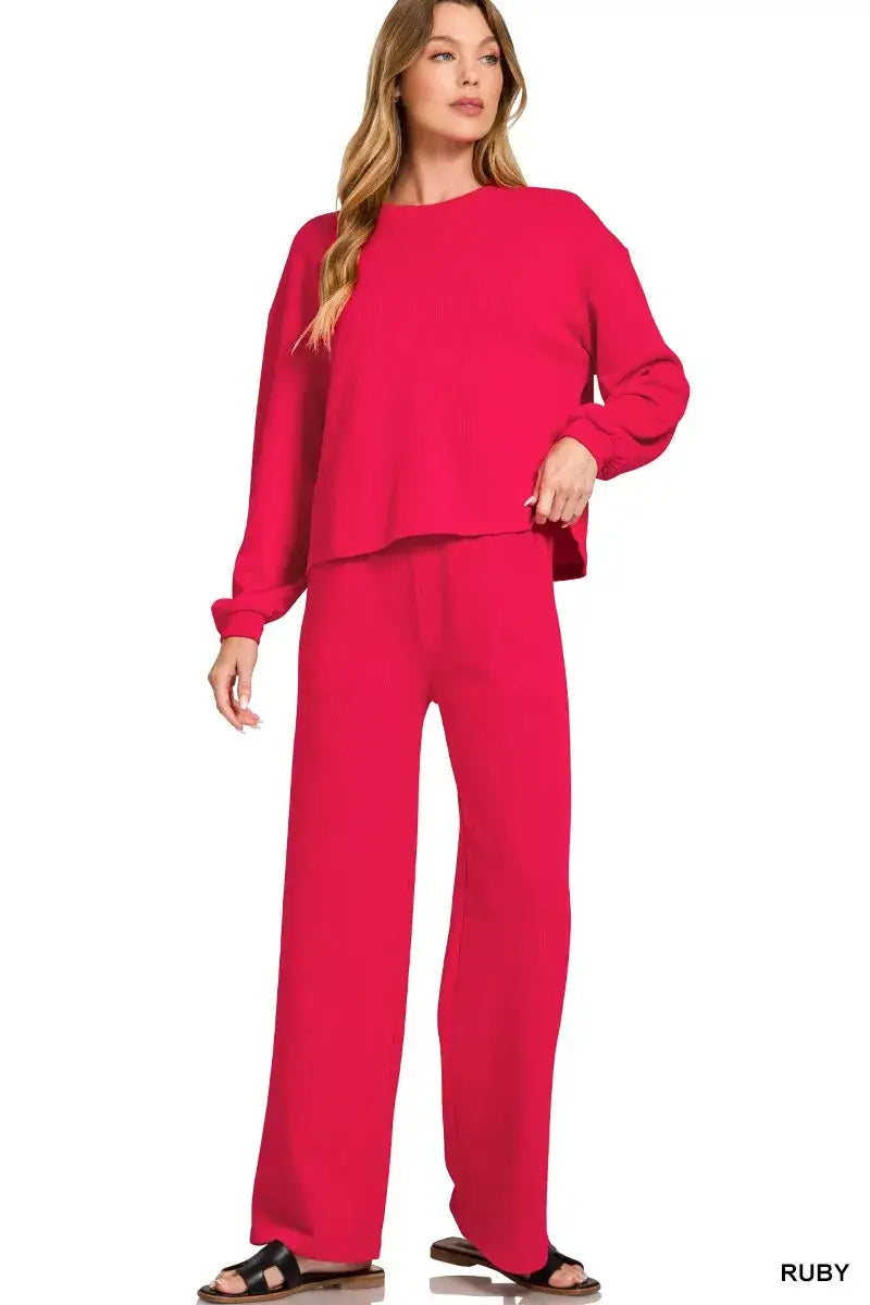 Zenana French Rib Pullover and Pants Set - RUBY / S - Rib Pullover and Pants Set