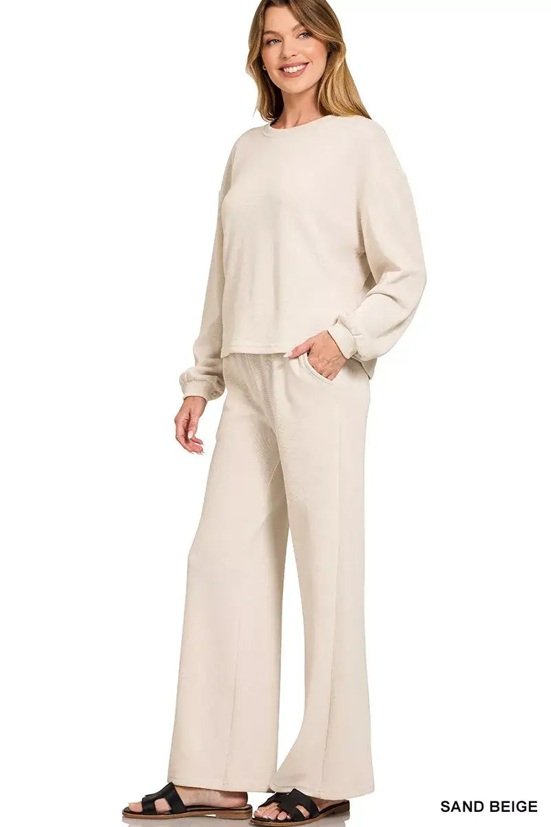 Zenana French Rib Pullover and Pants Set - SAND BEIGE / S