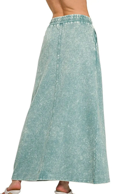 Zenana French Terry Acid Washed Front Slit Long Skirts