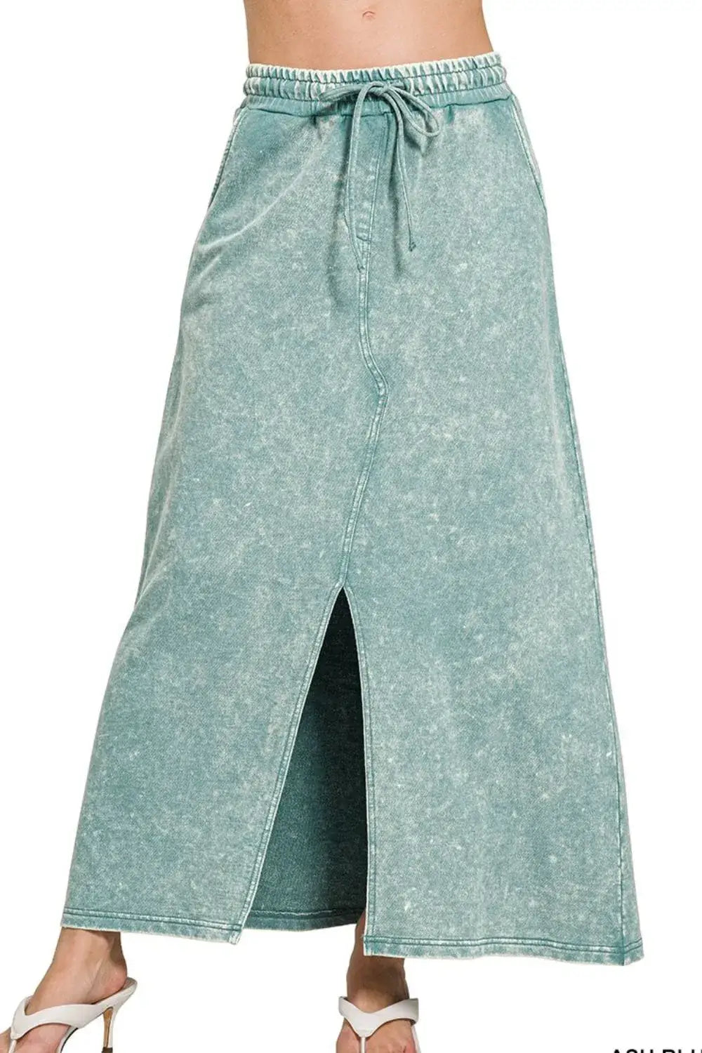 Zenana French Terry Acid Washed Front Slit Long Skirts - ASH BLUE / S