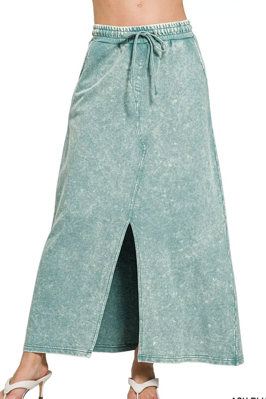 Zenana French Terry Acid Washed Front Slit Long Skirts - ASH BLUE / S