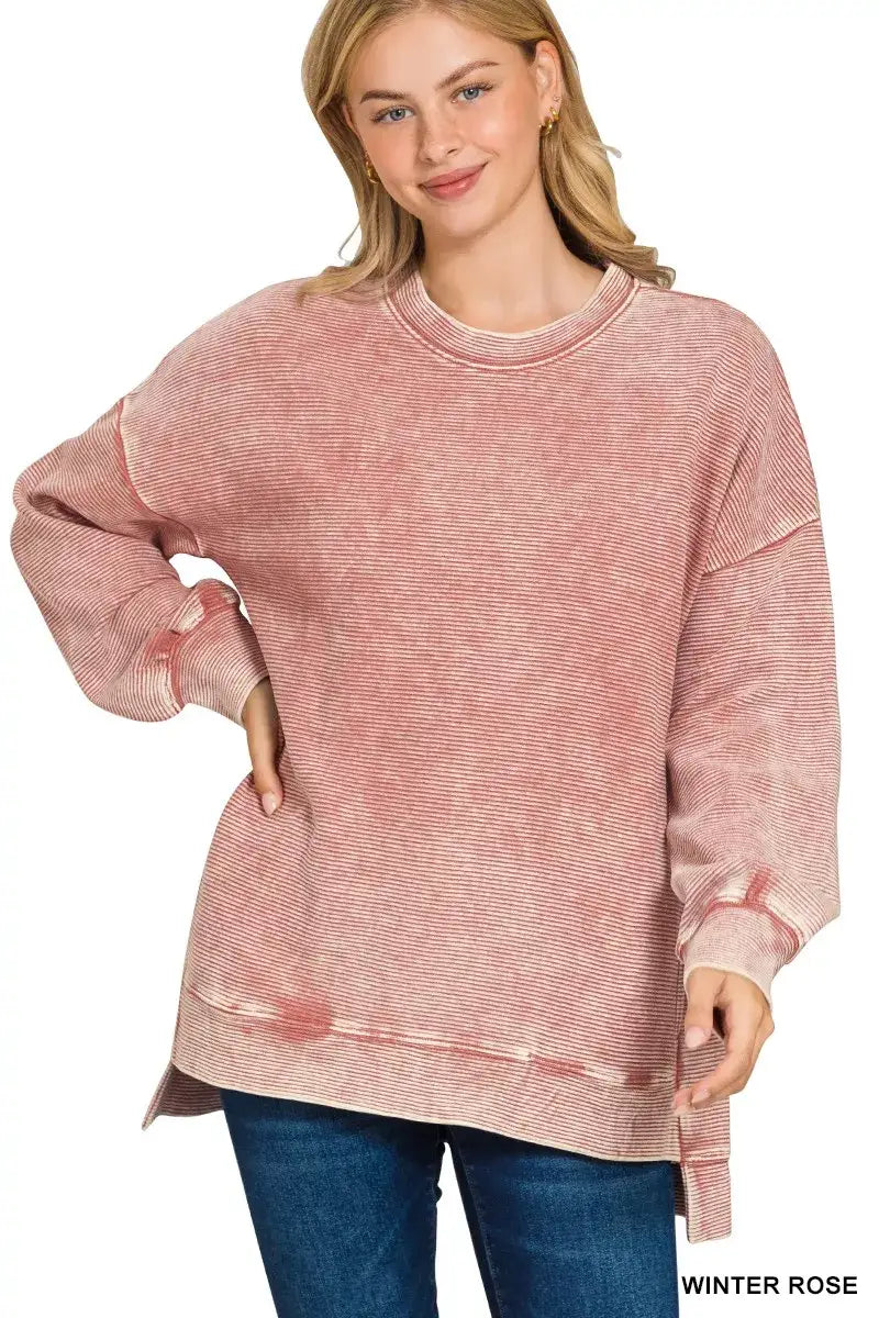 Zenana Full Size Acid Washed Double Ribbed Hi-low Sweatshirt Plus Size - WINTER ROSE / S