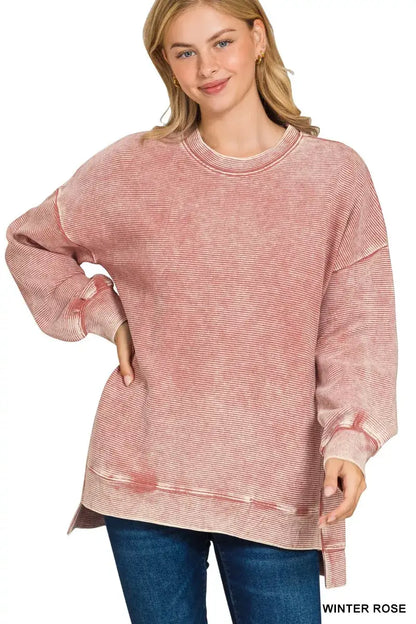 Zenana Full Size Acid Washed Double Ribbed Hi-low Sweatshirt Plus Size - WINTER ROSE / S