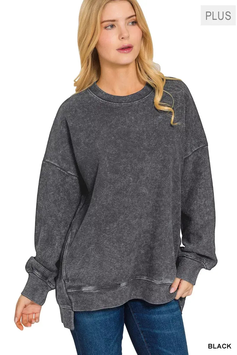 Zenana Full Size Acid Washed Double Ribbed Hi-low Sweatshirt Plus Size
