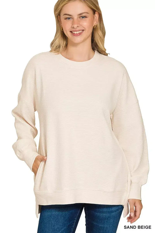 Zenana Full Size Acid Washed Double Ribbed Hi-low Sweatshirt Plus Size - SAND BEIGE / S