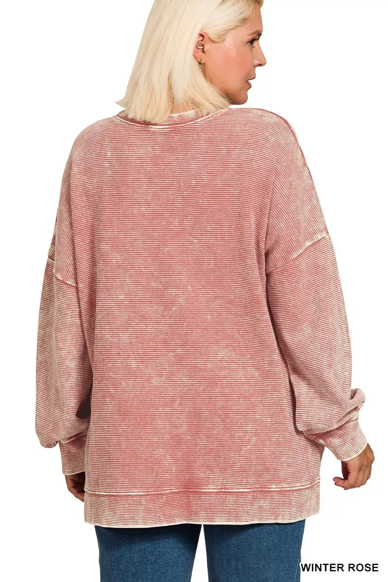 Zenana Full Size Acid Washed Double Ribbed Hi-low Sweatshirt Plus Size