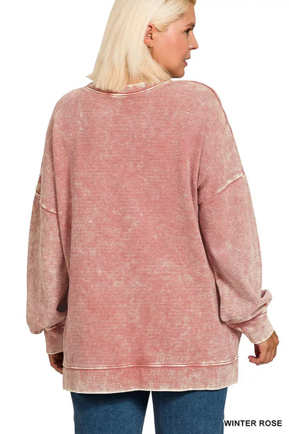 Zenana Full Size Acid Washed Double Ribbed Hi-low Sweatshirt Plus Size