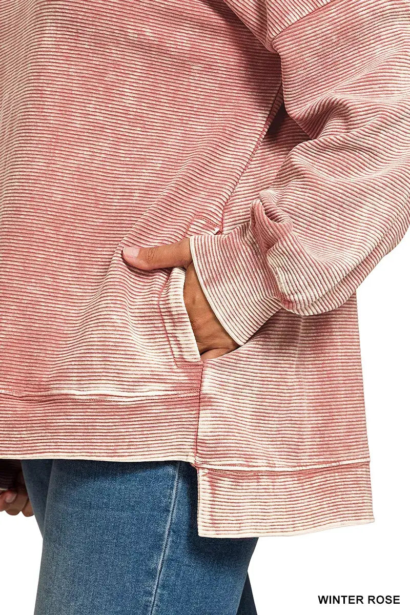 Zenana Full Size Acid Washed Double Ribbed Hi-low Sweatshirt Plus Size