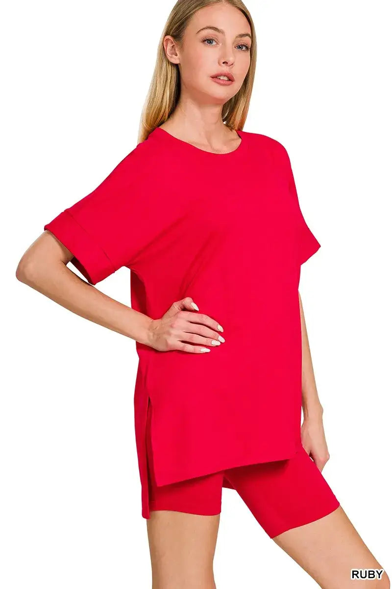 Zenana Full Size Brushed Dty Microfiber Round Neck Top and Biker Shorts Set Plus Size