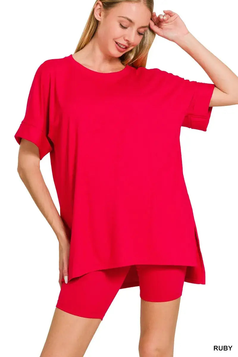 Zenana Full Size Brushed Dty Microfiber Round Neck Top and Biker Shorts Set Plus Size - RUBY / S