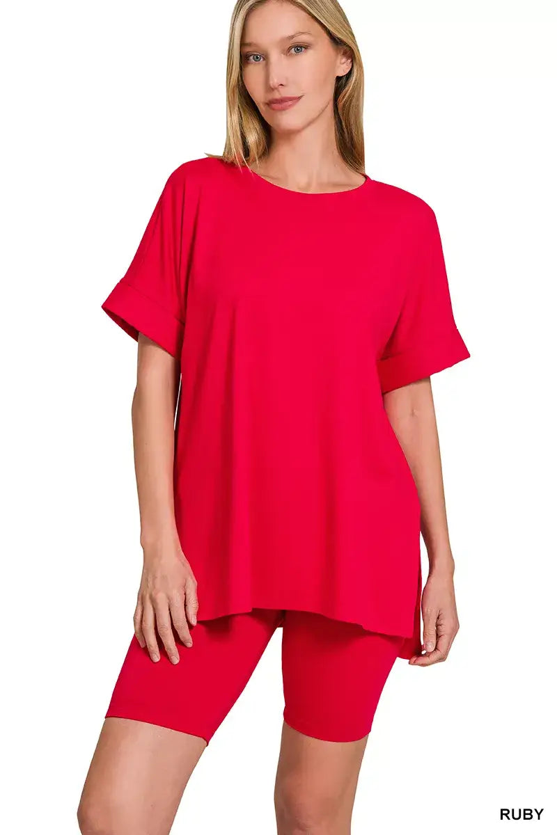 Zenana Full Size Brushed Dty Microfiber Round Neck Top and Biker Shorts Set Plus Size