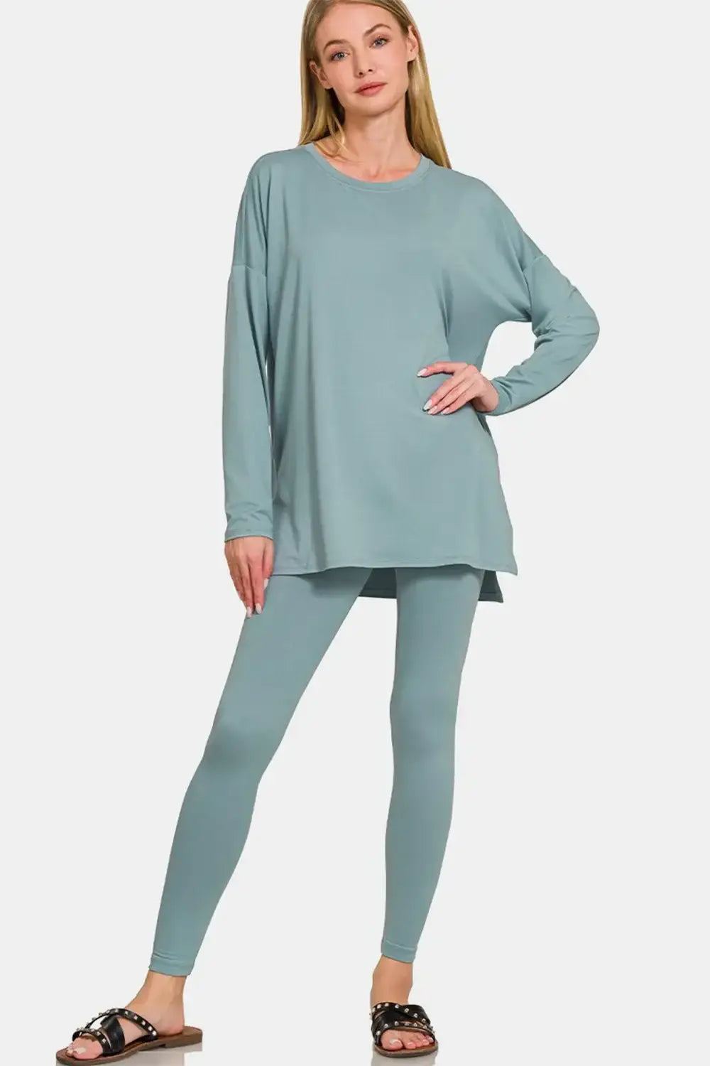 Teal brushed microfiber leggings lounge set with high-low hem and oversized tunic top