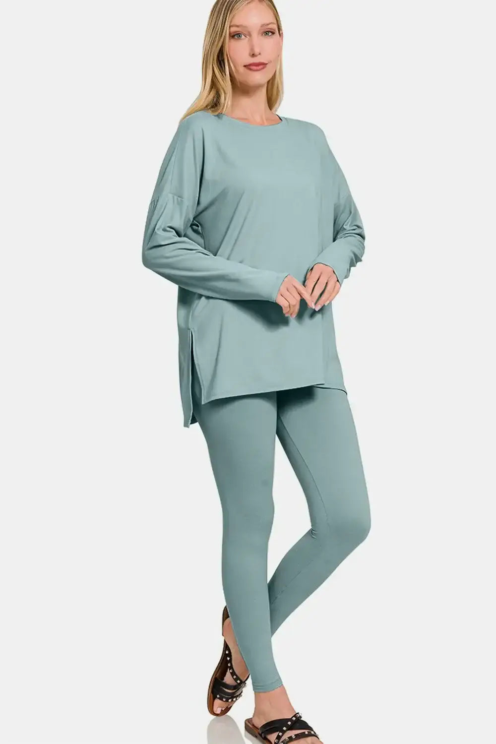 Mint green brushed microfiber lounge set with long-sleeved top and side slit leggings