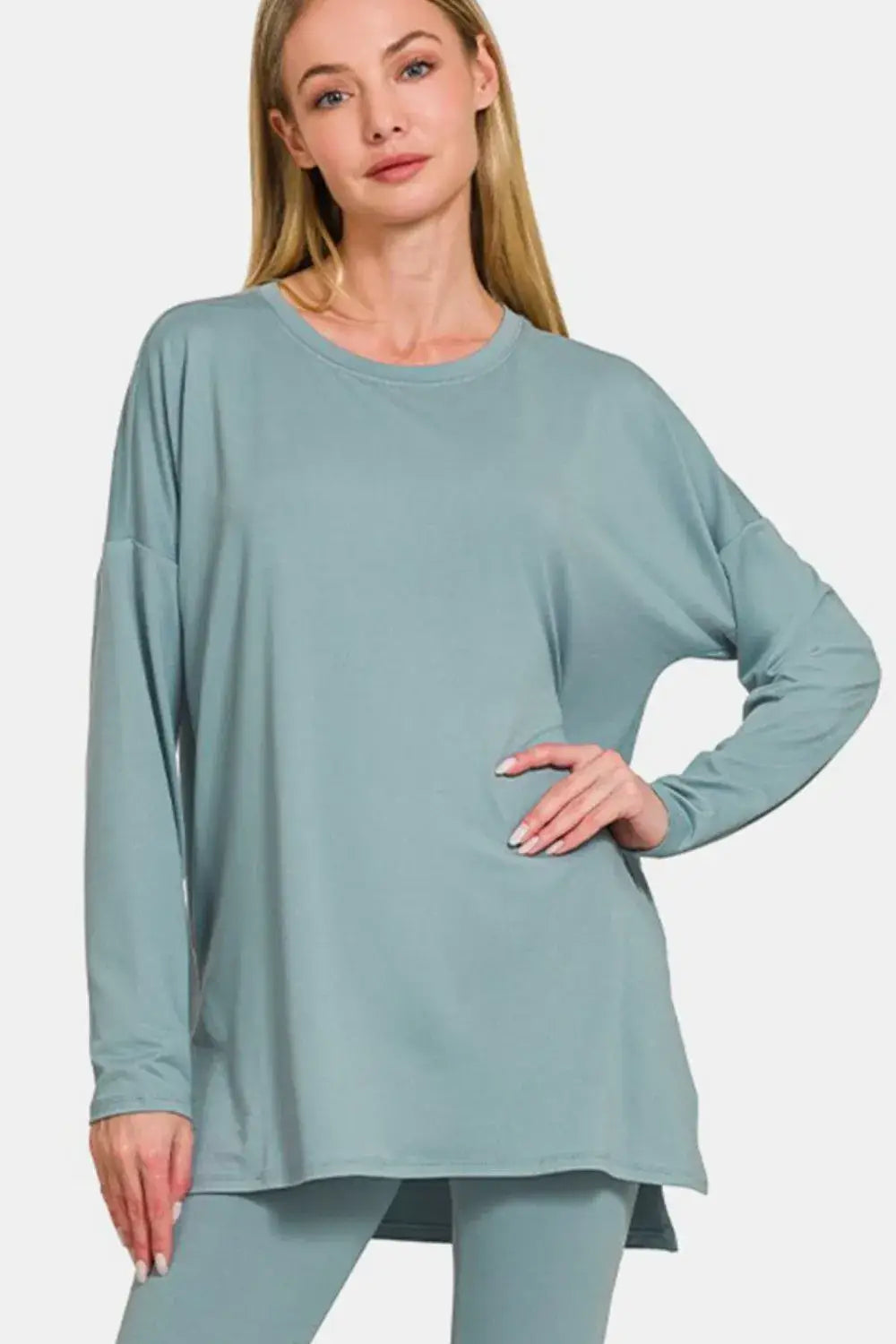 Teal long-sleeved brushed microfiber lounge set with high-low hem and relaxed fit