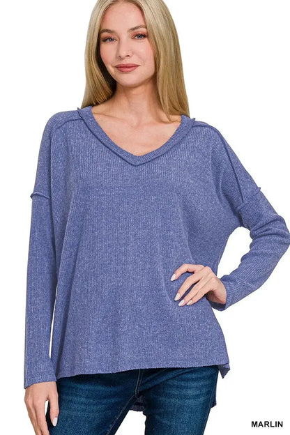 Zenana Full Size Brushed Ribbed Hacci Drop Shoulder V-Neck Sweater Plus Size - MARLIN / S/M