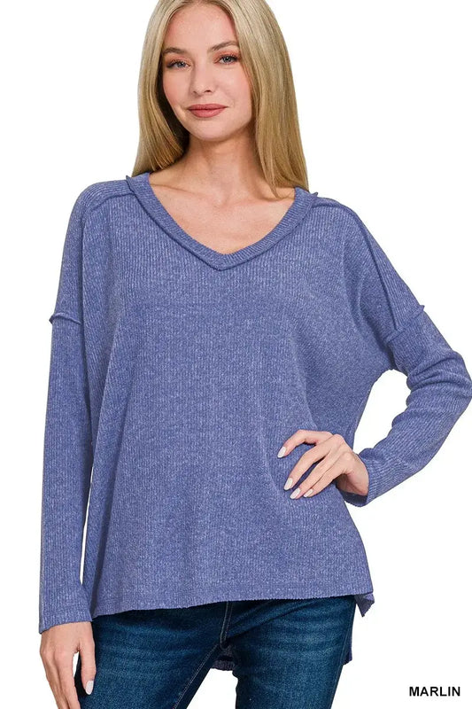 Zenana Full Size Brushed Ribbed Hacci Drop Shoulder V-Neck Sweater Plus Size - MARLIN / S/M