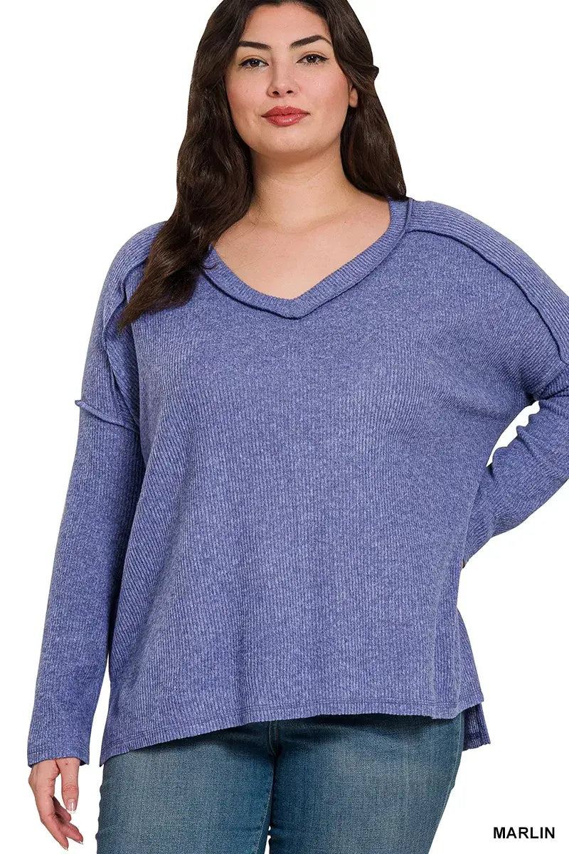 Zenana Full Size Brushed Ribbed Hacci Drop Shoulder V-Neck Sweater Plus Size
