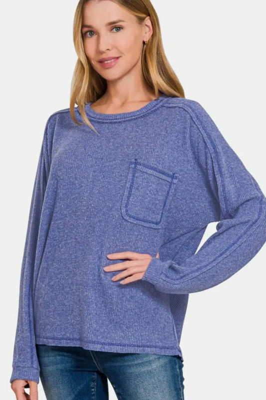 Zenana Full Size Contrast Stitching Brushed Ribbed Hacci Knit Top - Blue Purple / S/M