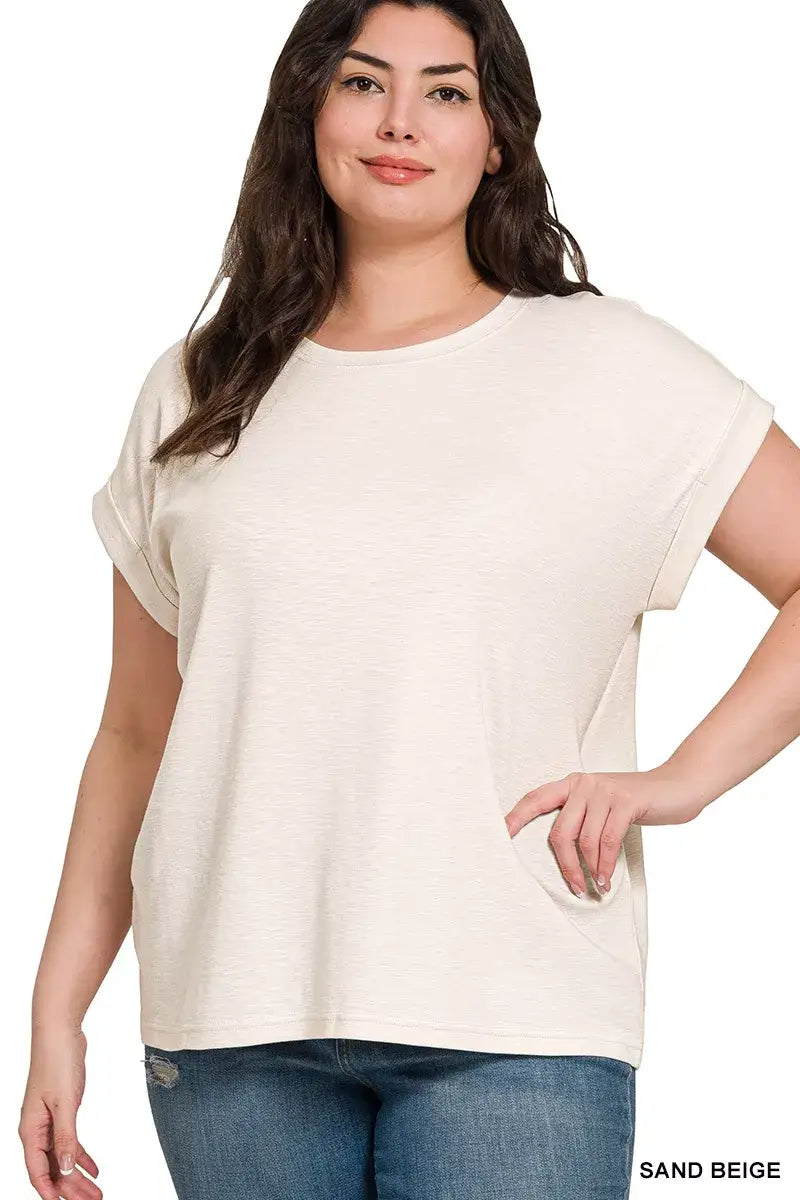 Zenana Full Size Cotton Modal Slub Rolled Sleeve T-Shirt Plus Size