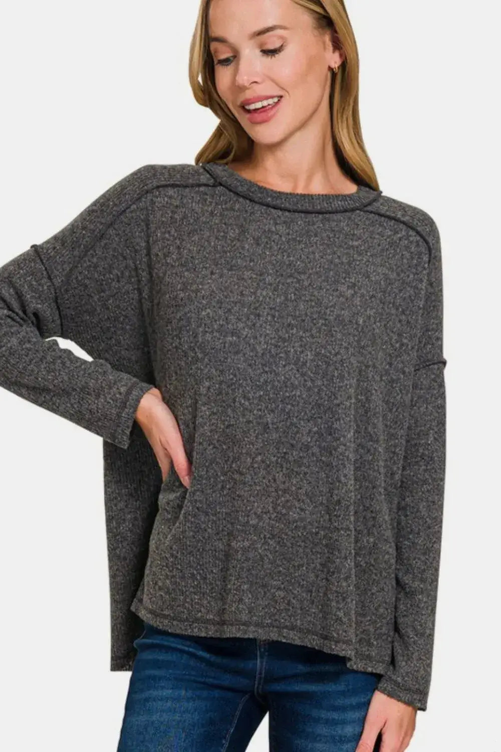 Zenana Full Size Exposed Seam Brushed Round Neck Sweater - Black / S/M