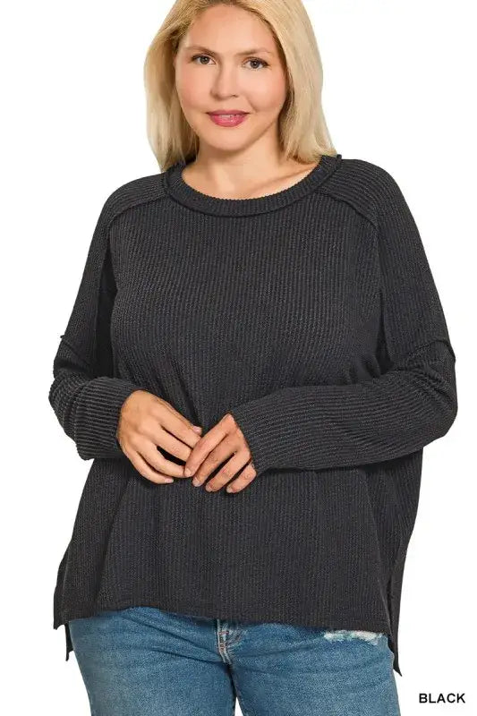 Zenana Full Size Exposed Seam Long Sleeve Corded Rib Knit Top Plus Size - Knit Top Plus Size