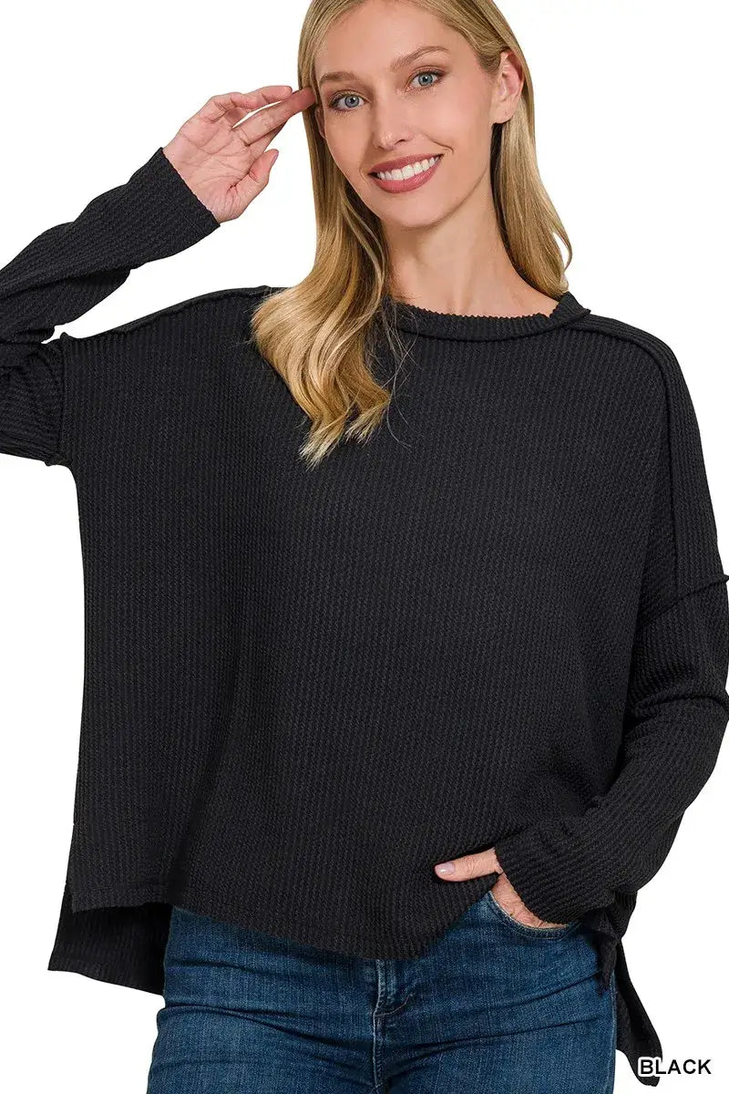 Zenana Full Size Exposed Seam Long Sleeve Corded Rib Knit Top Plus Size - Knit Top Plus Size