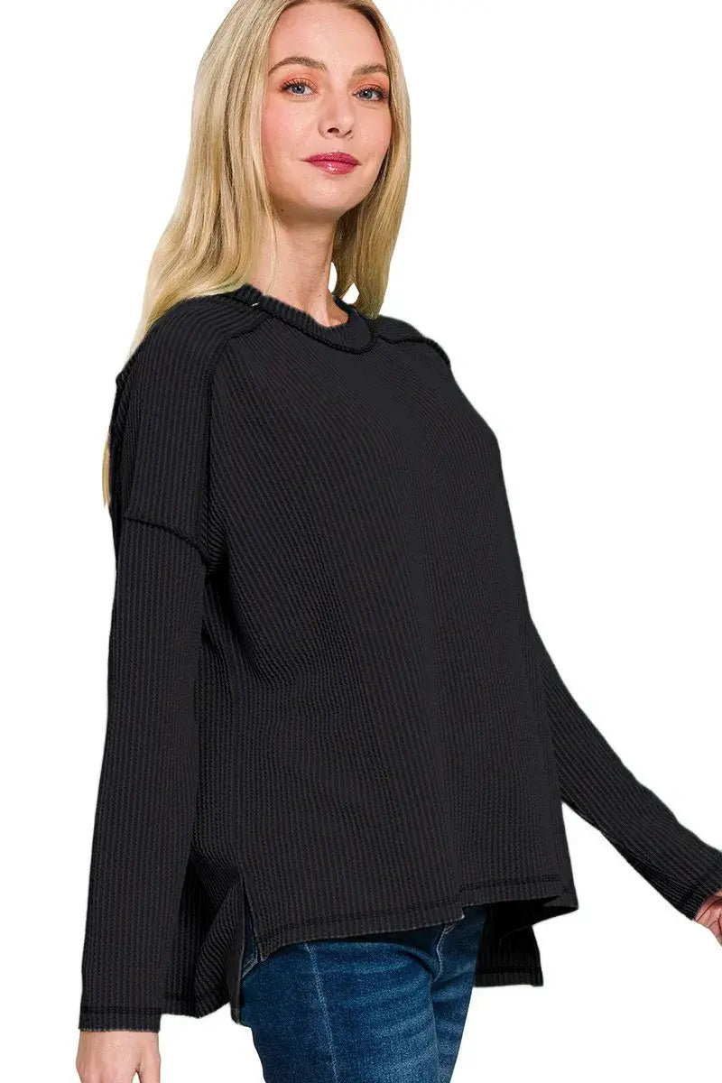 Zenana Full Size Exposed Seam Long Sleeve Corded Rib Knit Top Plus Size - BLACK / S/M - Knit Top Plus Size