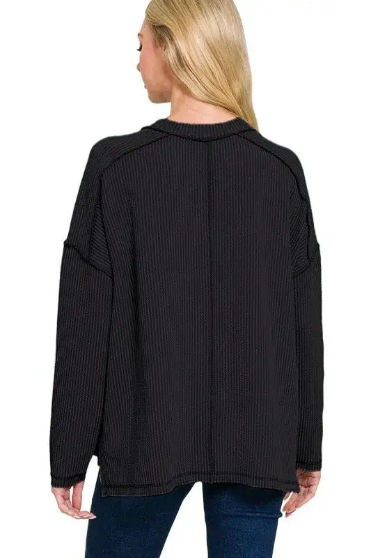 Zenana Full Size Exposed Seam Long Sleeve Corded Rib Knit Top Plus Size - Knit Top Plus Size