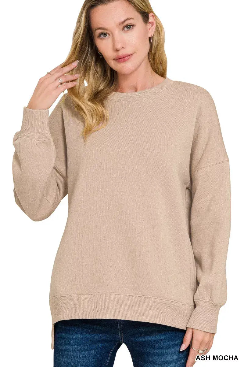 Zenana Full Size Fleece Hi-low Boyfriend Sweatshirts with Pockets Plus Size - ASH MOCHA / S