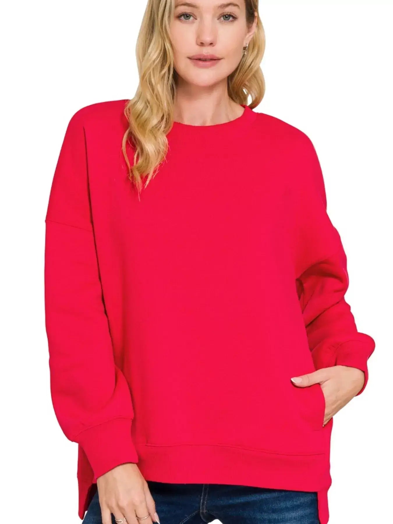 Zenana Full Size Fleece Hi-low Boyfriend Sweatshirts with Pockets Plus Size - RUBY / S