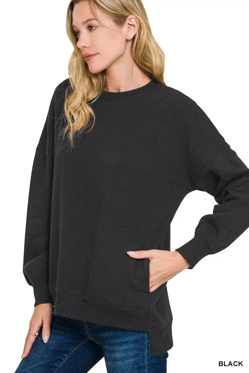 Zenana Full Size Fleece Hi-low Boyfriend Sweatshirts with Pockets Plus Size - BLACK / S