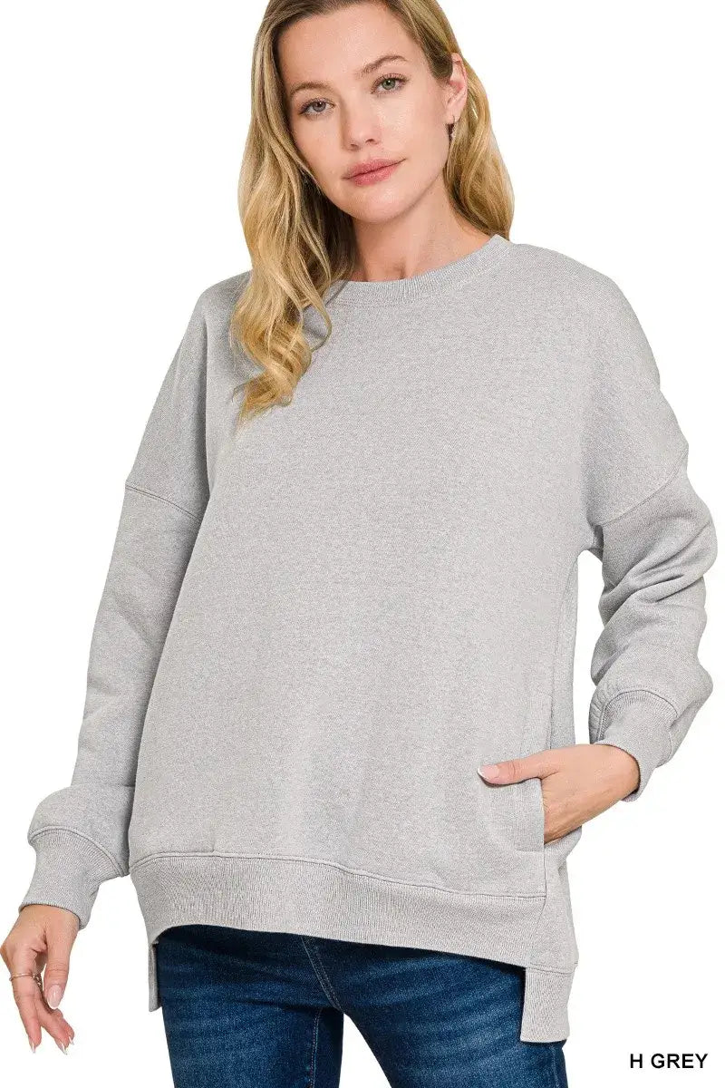 Zenana Full Size Fleece Hi-low Boyfriend Sweatshirts with Pockets Plus Size - H GREY / S - Sweatshirts with Pockets