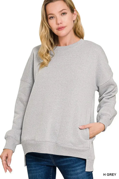 Zenana Full Size Fleece Hi-low Boyfriend Sweatshirts with Pockets Plus Size - H GREY / S - Sweatshirts with Pockets