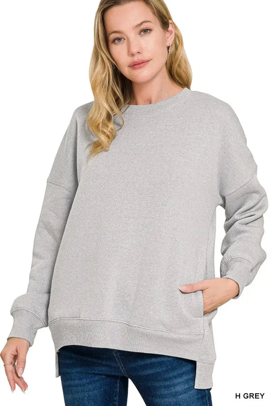 Zenana Full Size Fleece Hi-low Boyfriend Sweatshirts with Pockets Plus Size - H GREY / S - Sweatshirts with Pockets