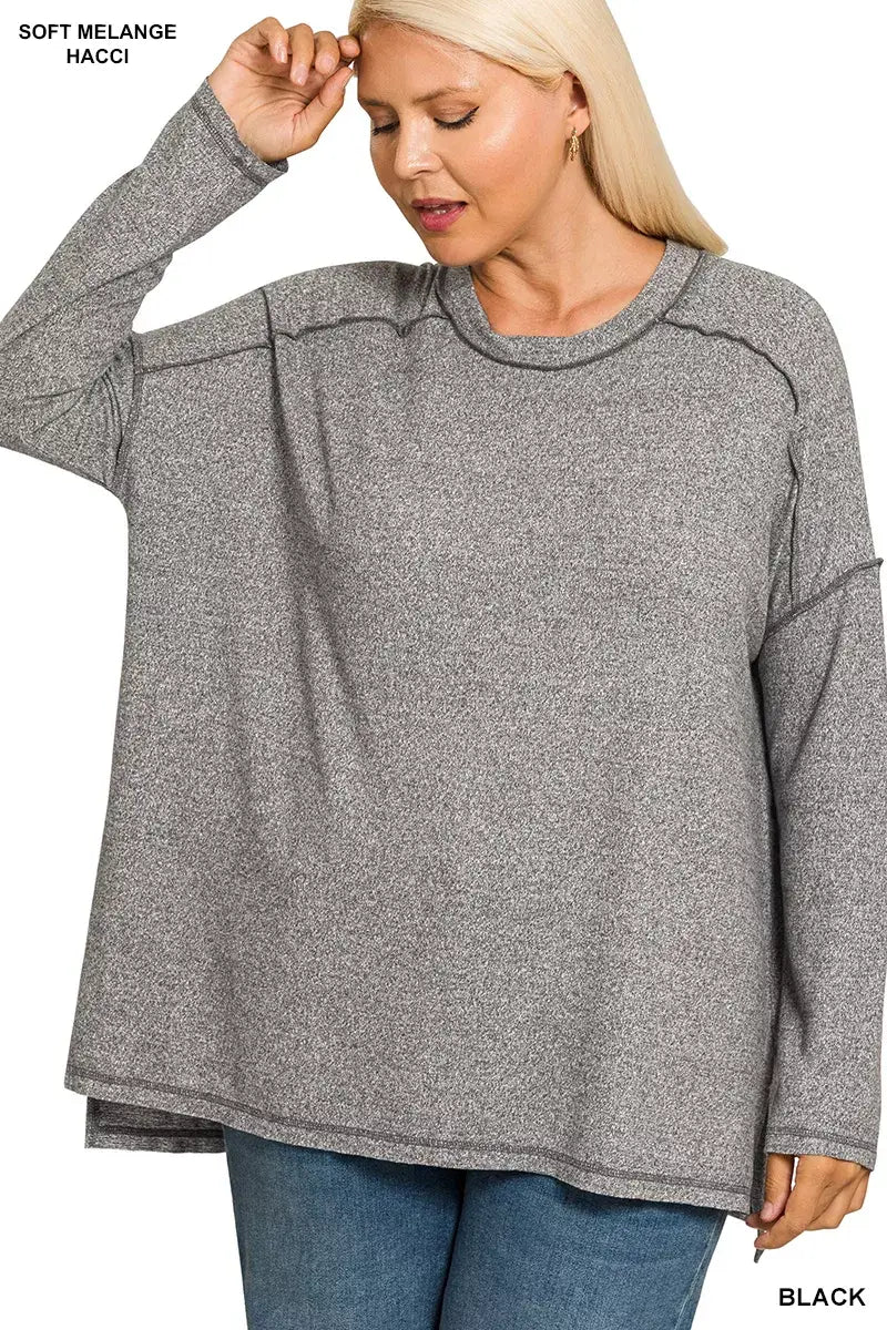 Zenana Full Size Melange Hacci Exposed Seam Hi-low Tee Plus Size