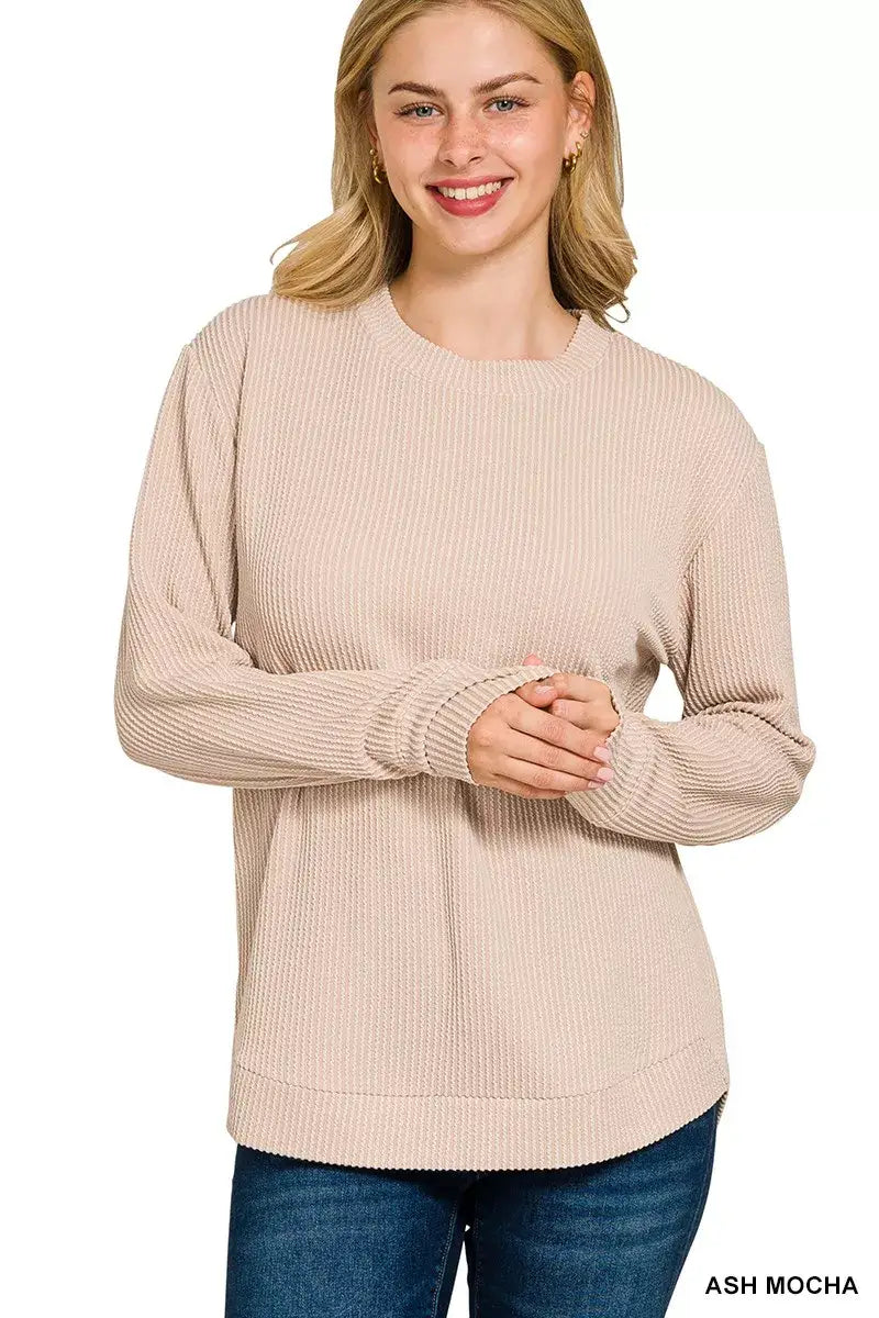 Zenana Full Size Raised Rib Round Neck Long Sleeve Top Plus Size