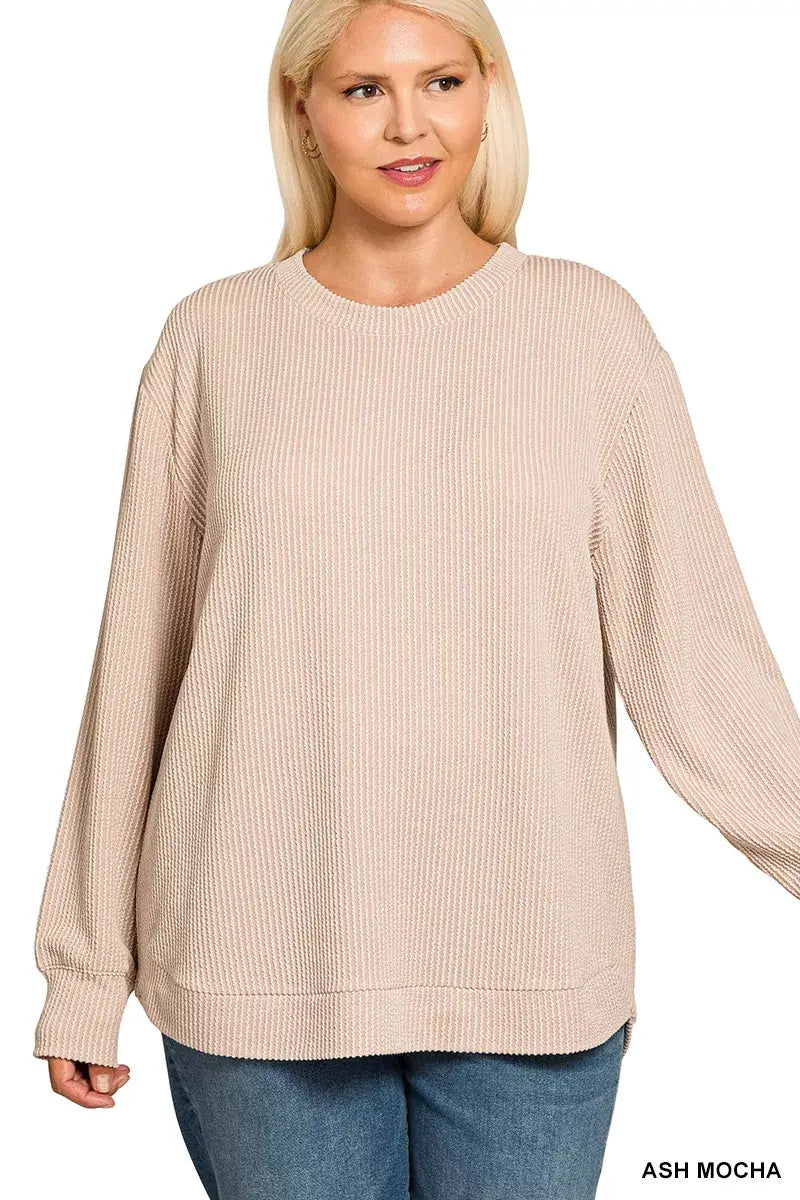 Zenana Full Size Raised Rib Round Neck Long Sleeve Top Plus Size - ASH MOCHA / S