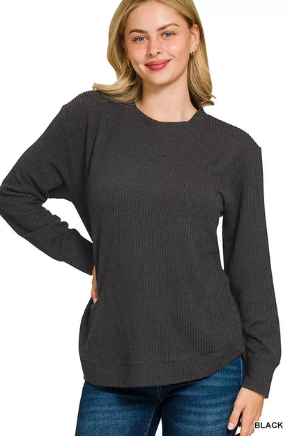 Zenana Full Size Raised Rib Round Neck Long Sleeve Top Plus Size - BLACK / S