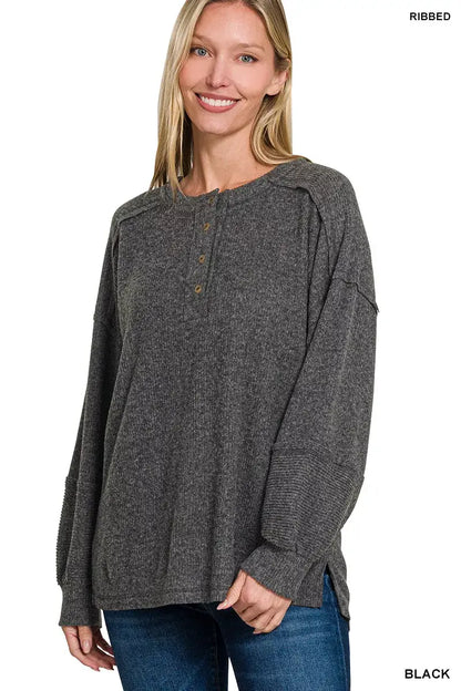 Zenana Full Size Ribbed Brushed Hacci Melange Henley Sweater Plus Size - BLACK / S/M - Apparel & Accessories > Clothing