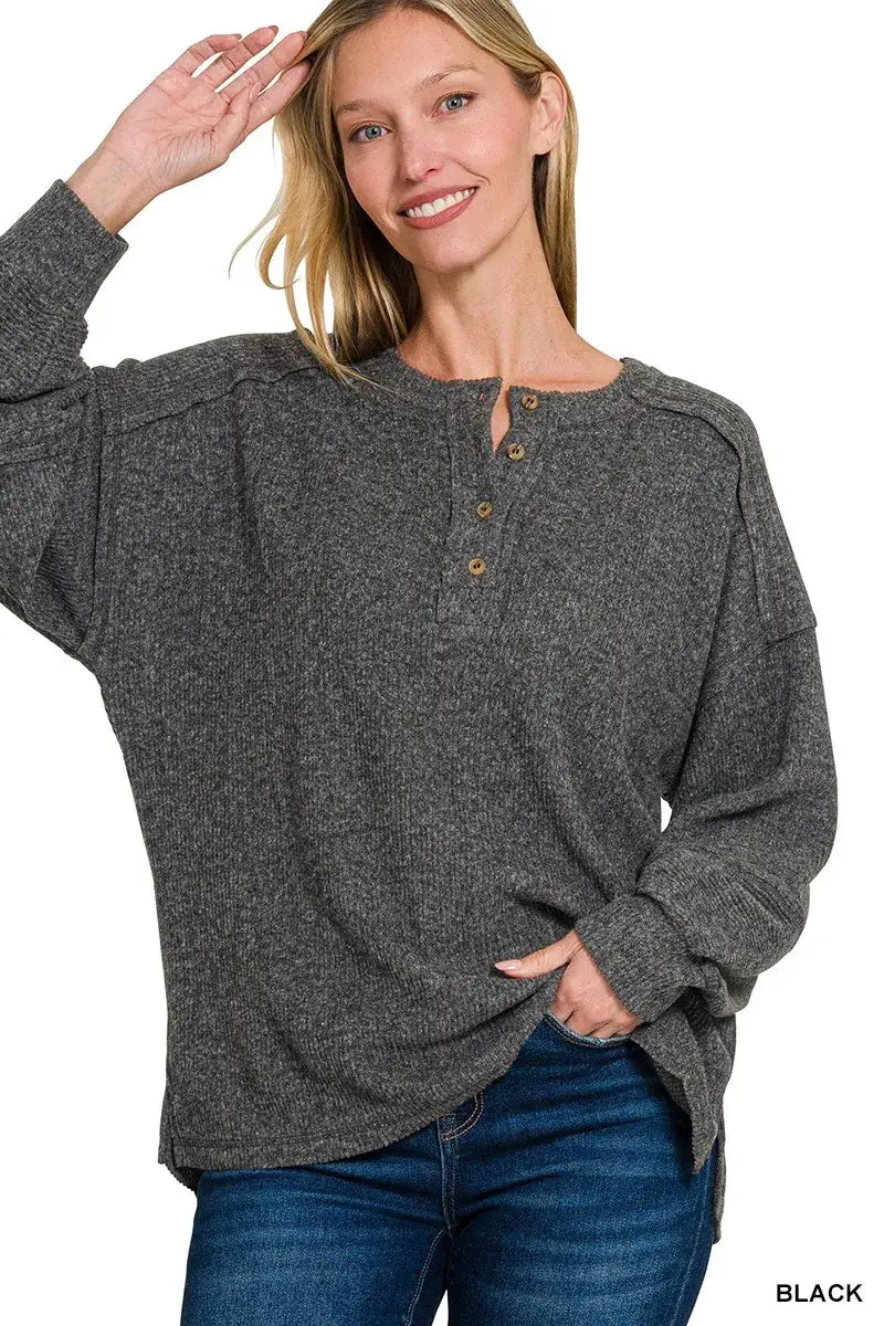 Zenana Full Size Ribbed Brushed Hacci Melange Henley Sweater Plus Size - Apparel & Accessories > Clothing > Shirts &