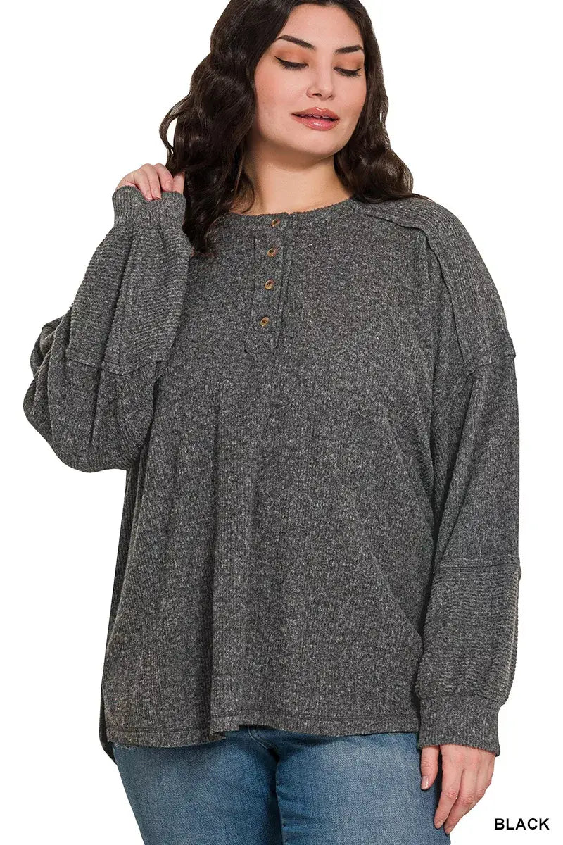Zenana Full Size Ribbed Brushed Hacci Melange Henley Sweater Plus Size - Apparel & Accessories > Clothing > Shirts &