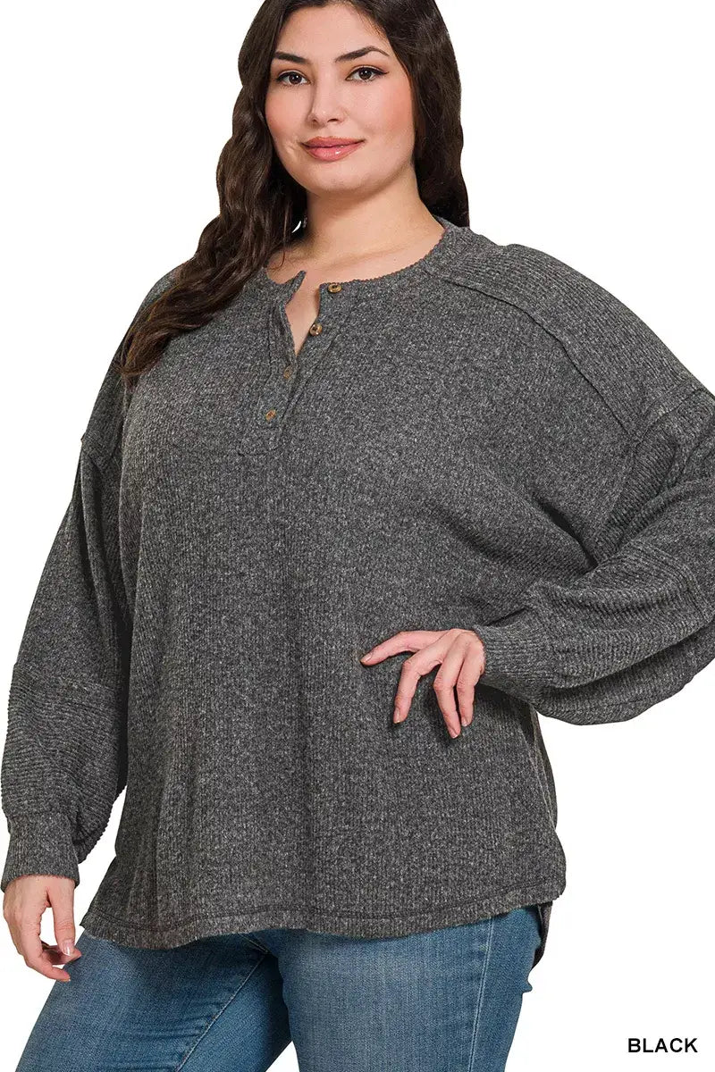 Zenana Full Size Ribbed Brushed Hacci Melange Henley Sweater Plus Size - Apparel & Accessories > Clothing > Shirts &
