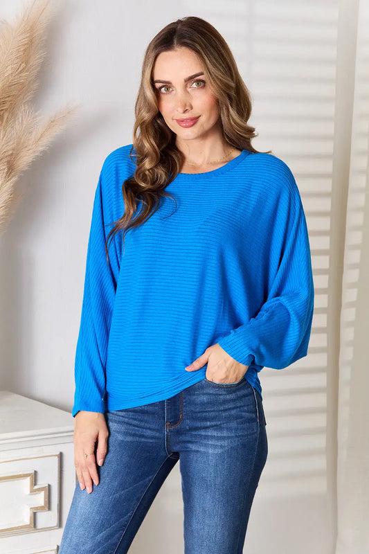 Zenana Full Size Round Neck Batwing Sleeve Blouse - Blue / S