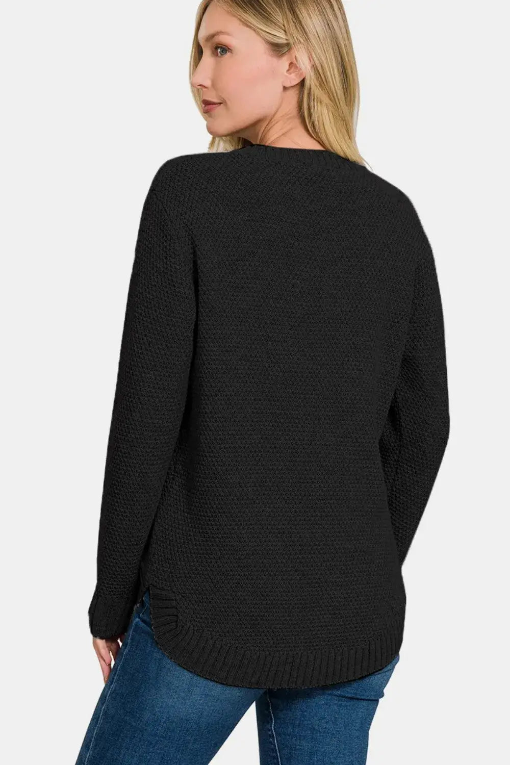 Black textured sweater with round neck long sleeves and curved hem from Zenana