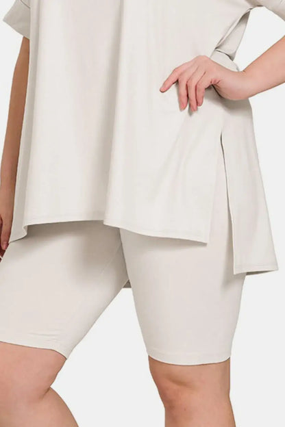 Cream-colored biker shorts with relaxed fit and elastic waistband from Zenana set